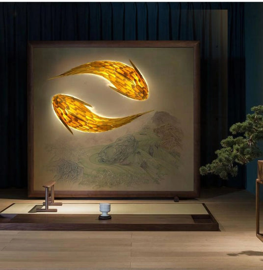 Japanese fish wall lamp sculpture by Dlight Decor, modern wall art featuring a sleek fish design, ideal for contemporary home decor.