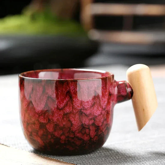 DecorBites ceramic latte mug with wooden handle, 130-150ml coffee cup, showcasing its stylish design and comfortable grip.