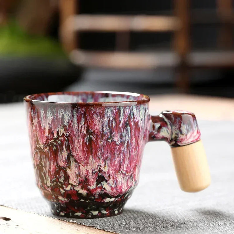 DecorBites ceramic latte mug with wooden handle, 130-150ml coffee cup, featuring a stylish design and sturdy wooden grip.