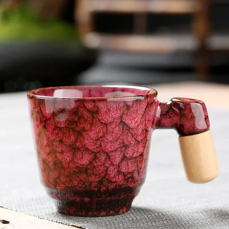 DecorBites ceramic latte mug with wooden handle, 130-150ml coffee cup, featuring a stylish design and comfortable grip.