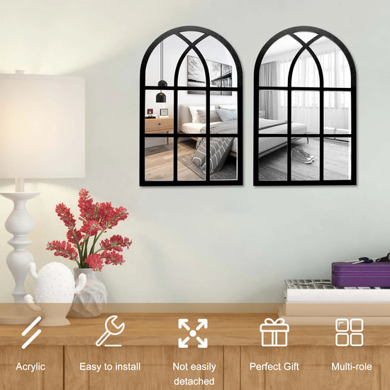 2Pcs Vintage Rustic Arched Window Wall Mirrors – Decorative Acrylic Wall Decor for Home