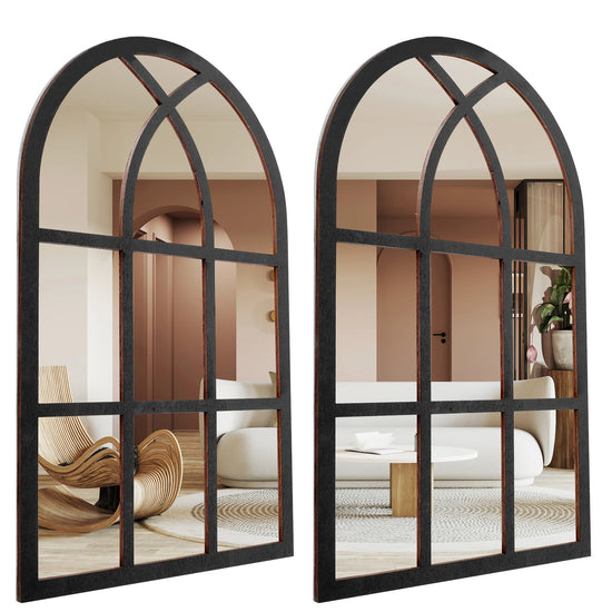 2Pcs Vintage Rustic Arched Window Wall Mirrors – Decorative Acrylic Wall Decor for Home
