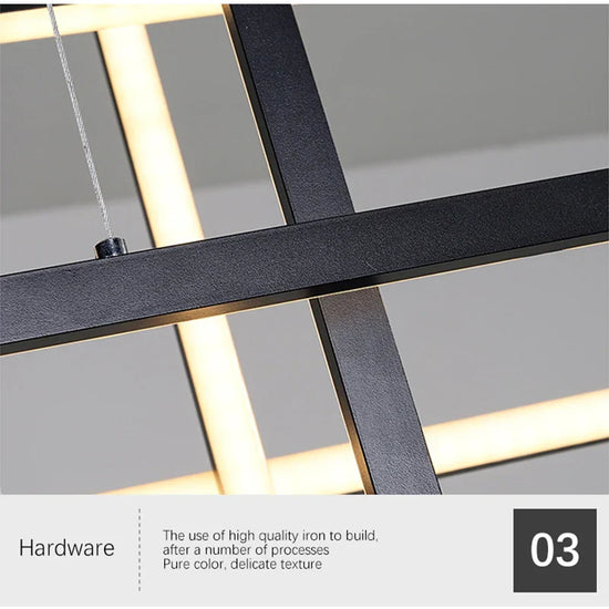 Dlight Decor sleek LED rectangular pendant chandelier light hanging in modern kitchen or living room decor, ideal for stylish lighting.