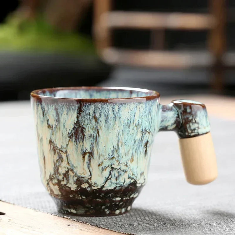 DecorBites ceramic latte mug with wooden handle, 130-150ml coffee cup, featuring a stylish design and comfortable grip.