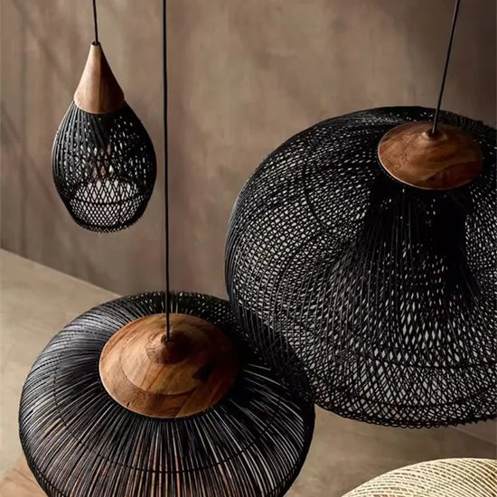 Vintage handmade rattan pendant light by Dlight Decor, Japanese-style lighting for kitchen island or dining room decor.