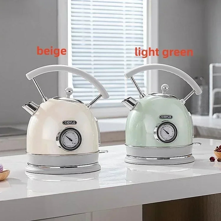 SmartPursue™ electric kettle with built-in thermometer, stainless steel body, and ergonomic handle for precise boiling.