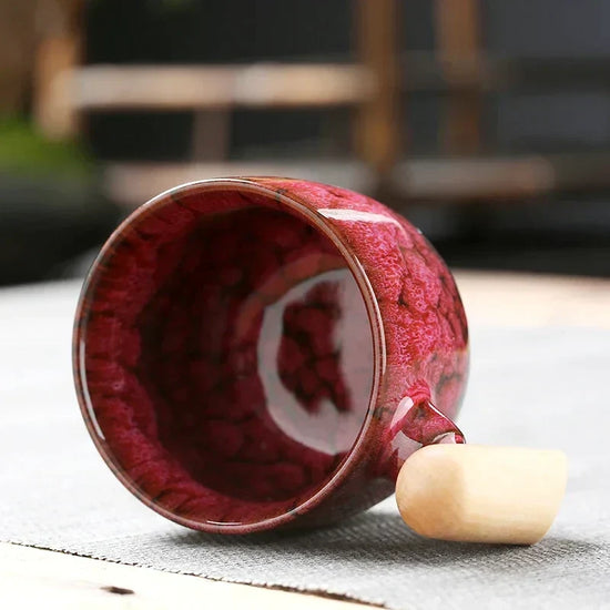 DecorBites ceramic latte mug with wooden handle, 130-150ml coffee cup, showcasing its stylish design and cozy wooden accent.