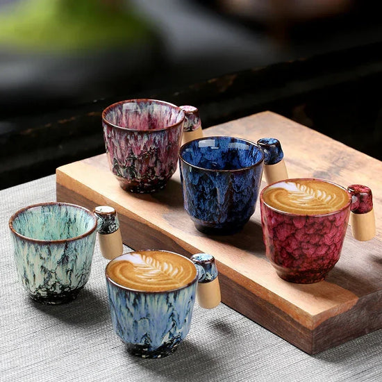DecorBites ceramic latte mug with wooden handle, 130-150ml coffee cup, showcasing its stylish design and cozy aesthetic.