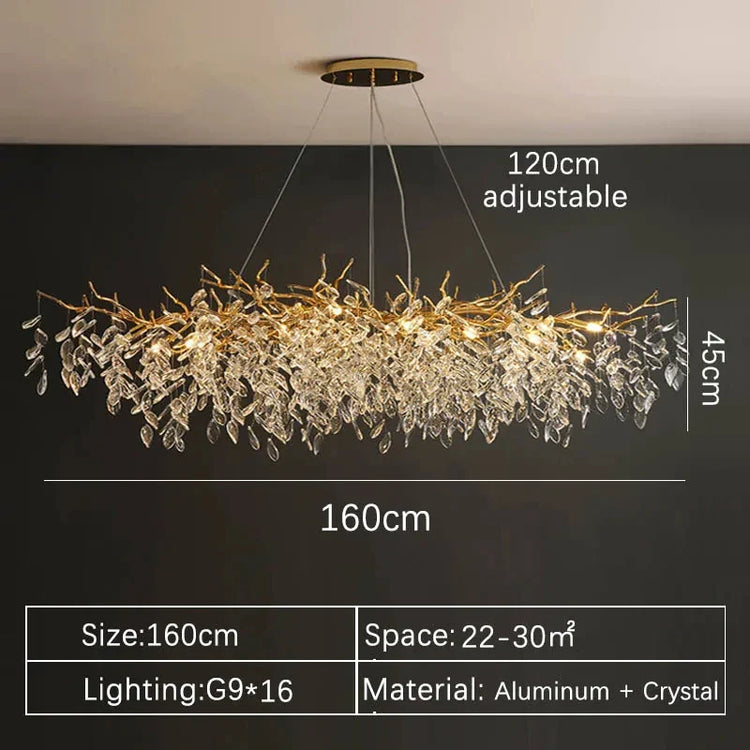 Gold crystal LED chandelier by DECORBITES with sparkling crystals and elegant design, perfect for luxurious interior lighting.