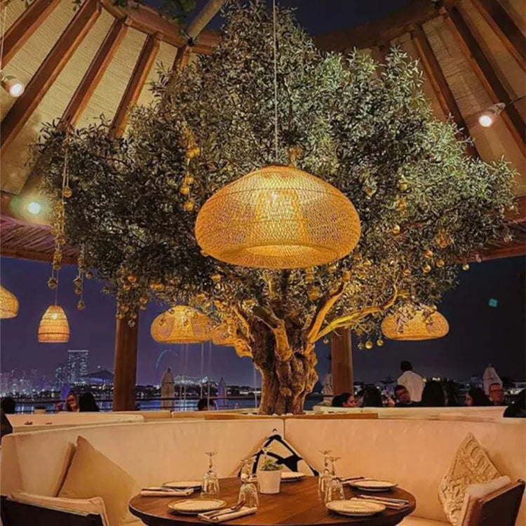 Vintage handmade rattan pendant lamp by Dlight Decor, Japanese-style lighting for kitchen island or dining room decor.