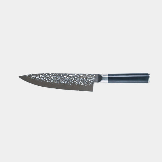 Swiss Diamond 8-inch hammered chef knife with a grey handle, showcasing a sleek, durable kitchen knife design.