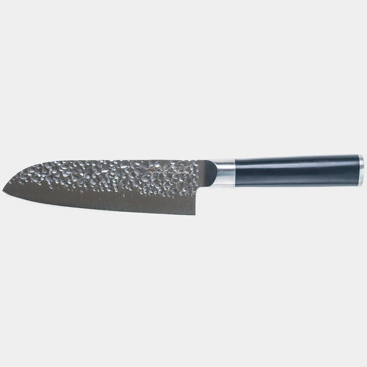 Swiss Diamond 7-inch hammered Santoku knife with a grey handle, showcasing its sharp blade and ergonomic design.