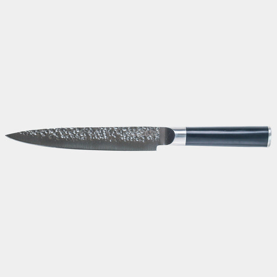 Swiss Diamond 8-inch hammered carving knife with a sharp blade and ergonomic handle for precise slicing and carving.