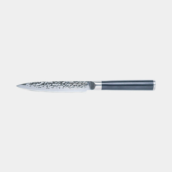 Hammered 5-inch utility knife by Swiss Diamond, featuring a stainless steel blade and ergonomic handle for versatile kitchen use.
