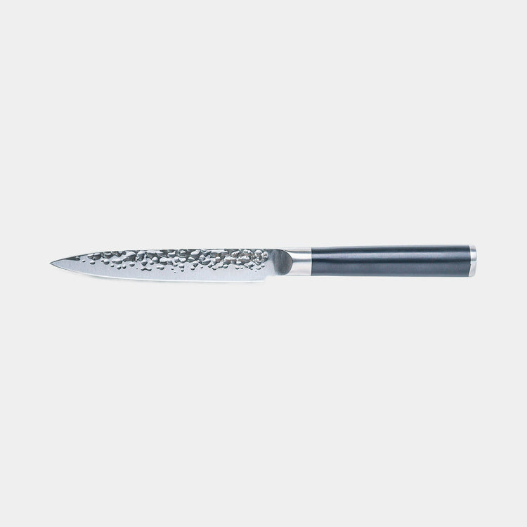 Hammered 5-inch utility knife by Swiss Diamond, featuring a stainless steel blade and ergonomic handle for versatile kitchen use.
