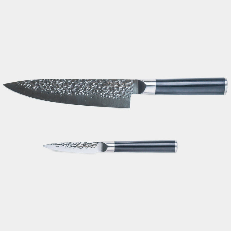 Swiss Diamond Hammered Chef Paring Knife Set in grey, featuring durable, ergonomic knives for precise kitchen prep.