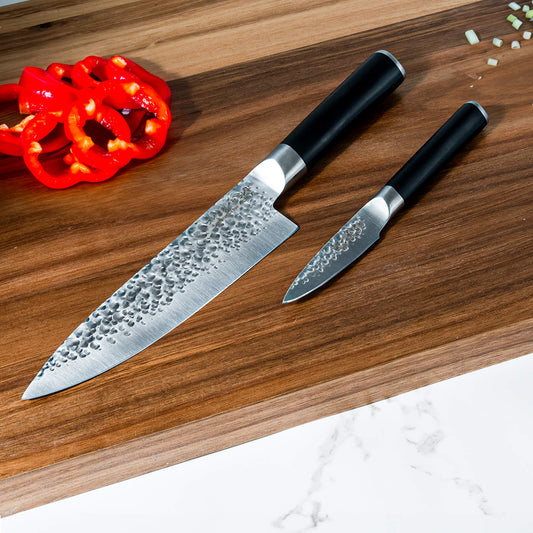 Swiss Diamond Hammered Chef Paring Set with multiple small knives displayed, showcasing durable, high-quality kitchen tools.