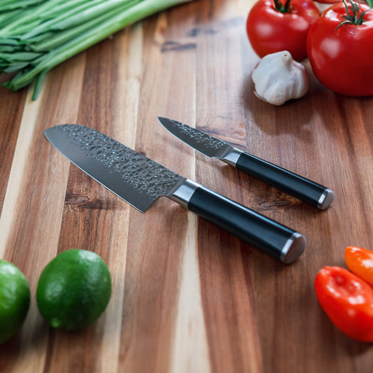 Hammered Swiss Diamond Santoku and paring knives set, showcasing the textured blades and ergonomic handles.