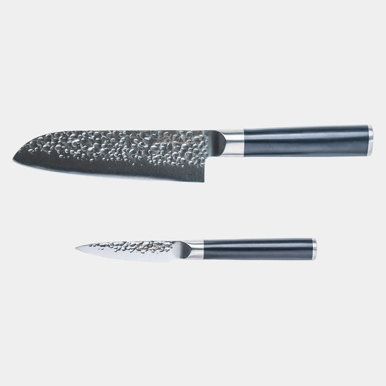 Swiss Diamond hammered Santoku and paring knife set with textured handles, stainless steel blades, and ergonomic design.