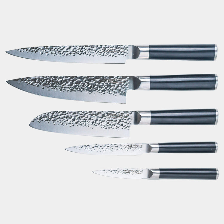 Swiss Diamond hammered 5-piece knife set with stainless steel handles displayed on a neutral background.