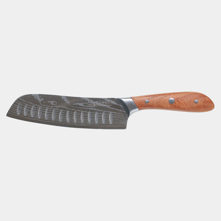 Swiss Diamond 7-inch Damascus Santoku Knife with a sleek grey handle and sharp blade, ideal for precision kitchen slicing.