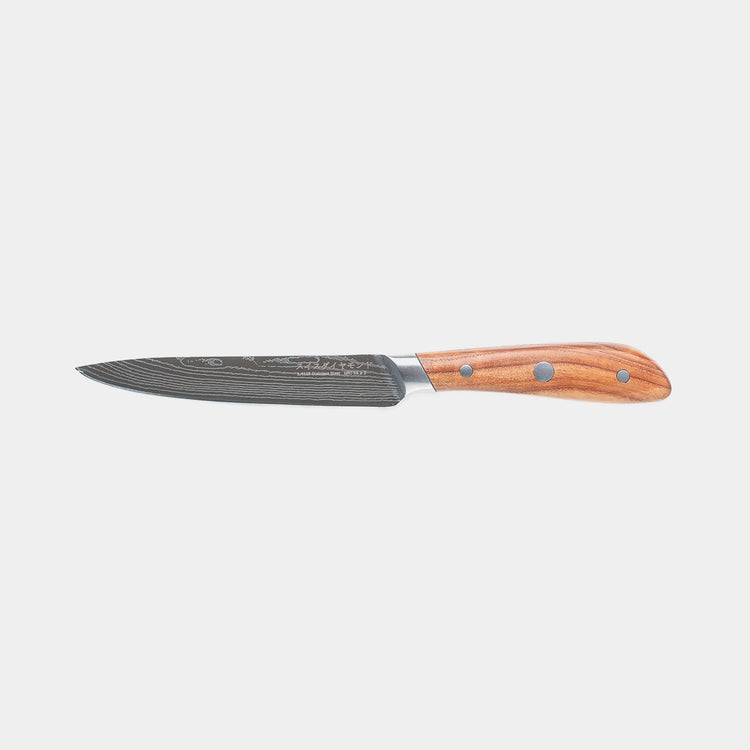 Swiss Diamond 5-inch Damascus utility knife with a sleek grey handle and patterned blade for versatile kitchen use.
