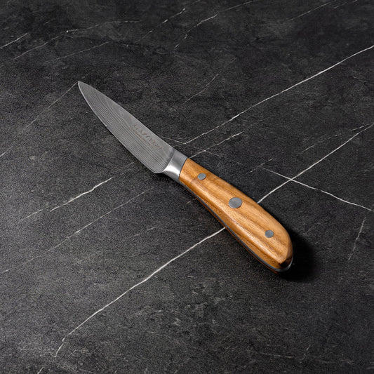 Swiss Diamond 4-inch Damascus paring knife with a textured blade and ergonomic handle, ideal for precise kitchen prep.