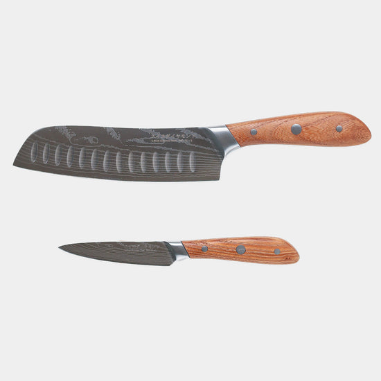 Swiss Diamond Damascus Santoku and paring knife set with grey handles, showcasing sharp blades and ergonomic design.