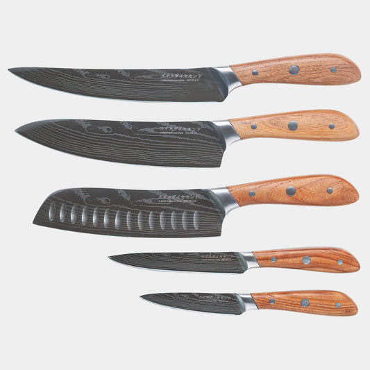 Swiss Diamond Damascus 5-piece knife set with stainless steel blades and ergonomic handles, displayed together on a neutral background.