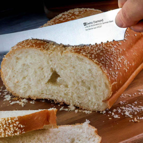 Swiss Diamond 8.5-inch bread knife with serrated blade for slicing bread and baked goods with precision and ease.