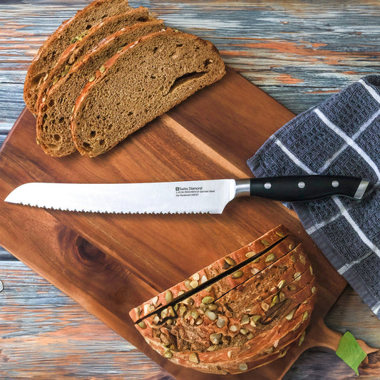 Swiss Diamond 8.5-inch bread knife with serrated blade, ideal for slicing bread and baked goods with precision.