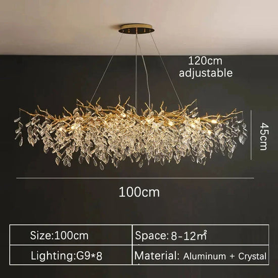 Gold crystal LED chandelier by DECORBITES featuring sparkling crystal details and modern lighting design.
