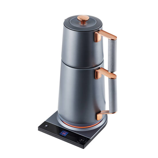 Saki Turkish Tea Maker Pro with copper and slate finish, traditional design for brewing Turkish tea in a compact tea maker.