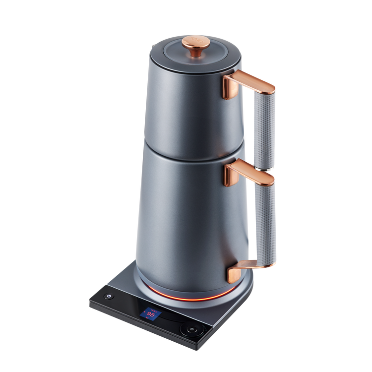 Saki Turkish Tea Maker Pro with copper and slate finish, traditional design for brewing Turkish tea in a compact tea maker.