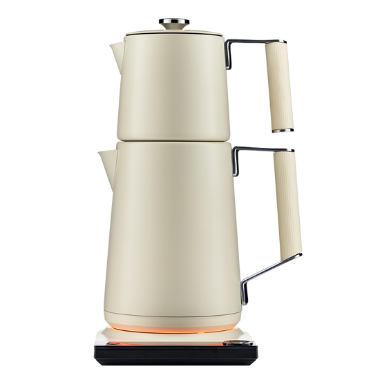 Ivory pearl SAKI Turkish tea maker pro with glass brewing pot and metal infuser for authentic Turkish tea preparation.