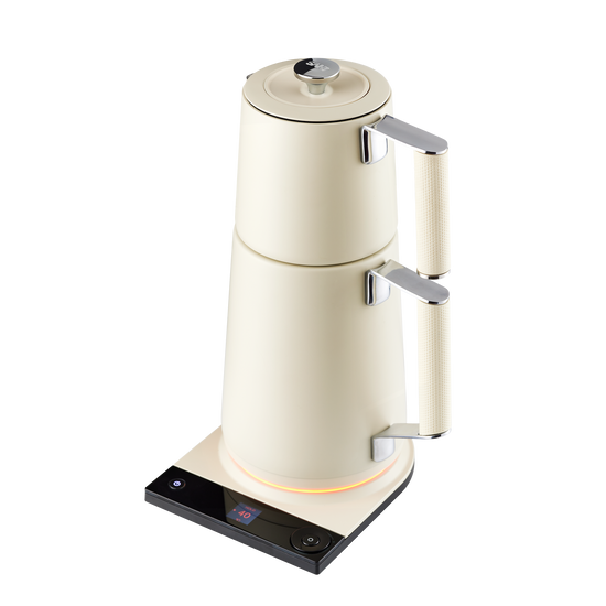 Saki Turkish Tea Maker Pro in ivory pearl, featuring a traditional tea brewing pot and accessories for authentic Turkish tea preparation.