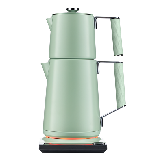Saki Turkish tea maker Pro in sage green with glass teapot and stainless steel infuser for traditional tea brewing.
