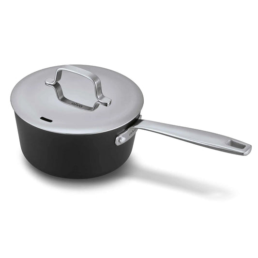 Alva Cookware 2-quart saucepan with lid, stainless steel stock pot for cooking and boiling.