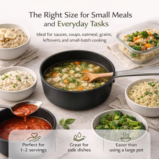 Alva Cookware 2 QT saucepan with lid, stainless steel stock pot for cooking and boiling in the kitchen.