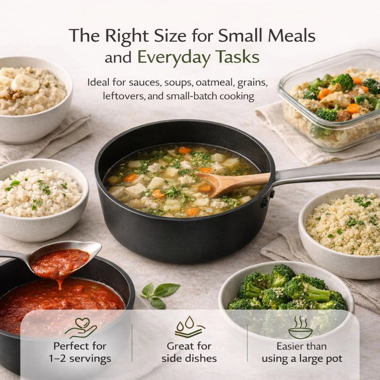 Alva Cookware 2 QT saucepan with lid, stainless steel stock pot for cooking and boiling in the kitchen.
