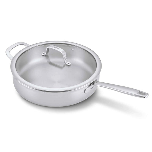 Alva Cookware 4-quart sauté pan with lid, stainless steel skillet for cooking and sautéing on stovetop.