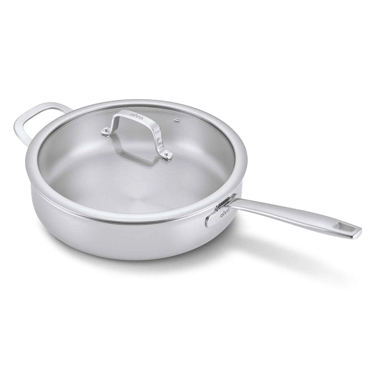 Alva Cookware 4-quart sauté pan with lid, stainless steel skillet for cooking and sautéing on stovetop.