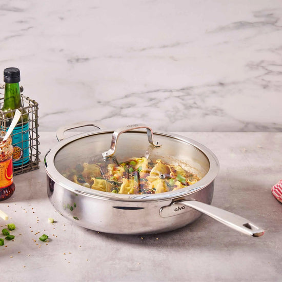 Alva Cookware 4-quart sauté pan with lid, stainless steel skillet for frying and sautéing on stovetop.