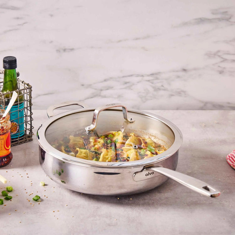 Alva Cookware 4-quart sauté pan with lid, stainless steel skillet for frying and sautéing on stovetop.