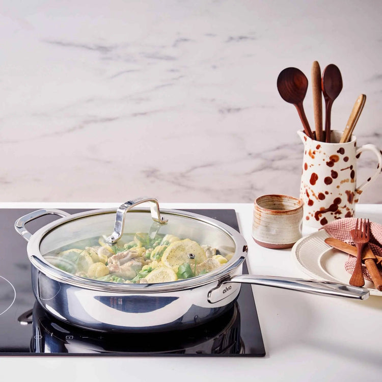 Alva Cookware 4-quart sauté pan with lid, stainless steel skillet for frying, sautéing, and cooking meals.