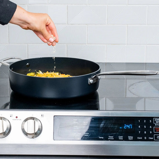 Alva Cookware 4-quart sauté pan with lid, stainless steel skillet for frying and sautéing on stovetop.