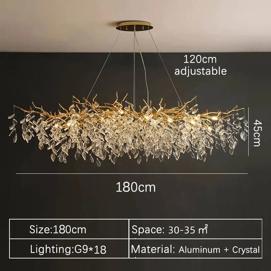 DECORBITES Gold Crystal LED Chandelier hanging with sparkling crystal accents and warm lighting for elegant home decor.