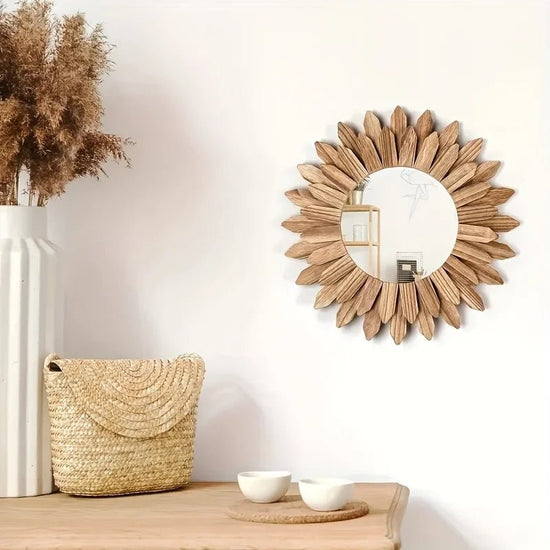 Bohemian Sunflower Style Mirror | Wooden Wall Mirror for Bedroom & Living Room | Modern Home & Kitchen