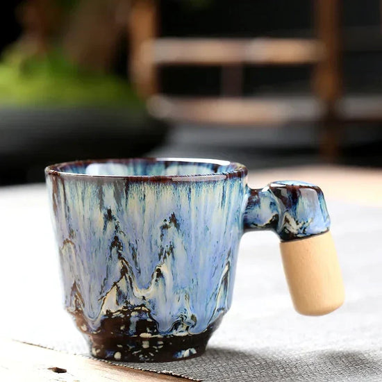DecorBites ceramic latte mug with wooden handle, 130-150ml coffee cup, featuring a stylish design and comfortable grip