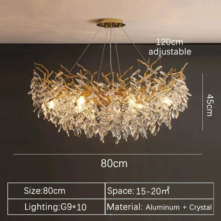 Gold crystal LED chandelier by DECORBITES featuring sparkling crystals and elegant lighting for luxurious interior decor.